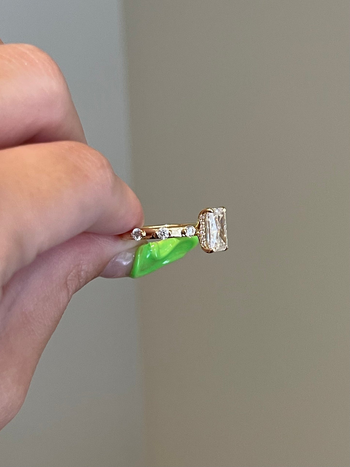Brilliant Radiant Moissanite, Hidden Halo, Space Pavé