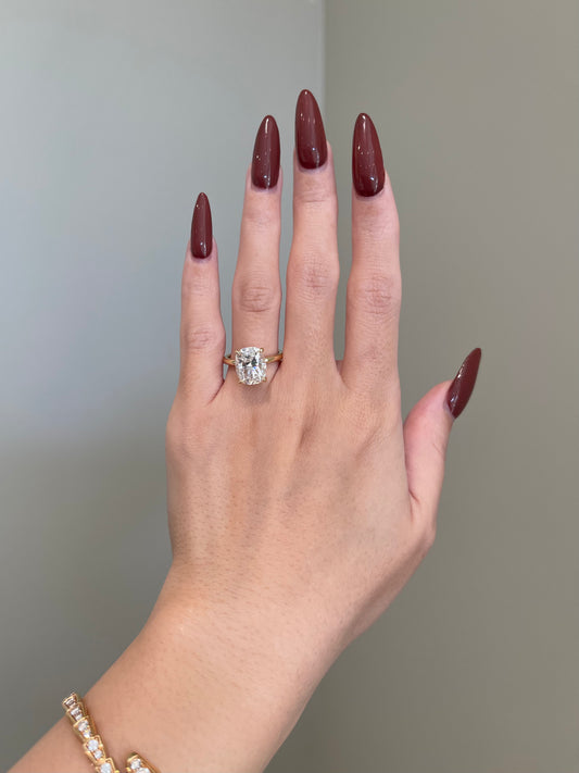 The Emma Ring, 5 Carat, Elongated Cushion, Crushed Ice Hybrid
