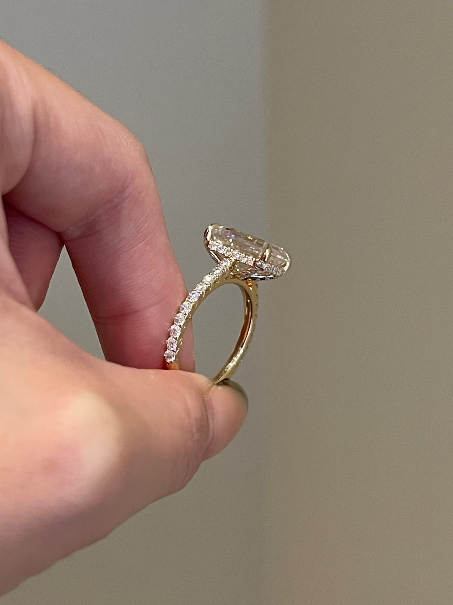 Emerald Cut Moissanite, French Pavé, Cathedral