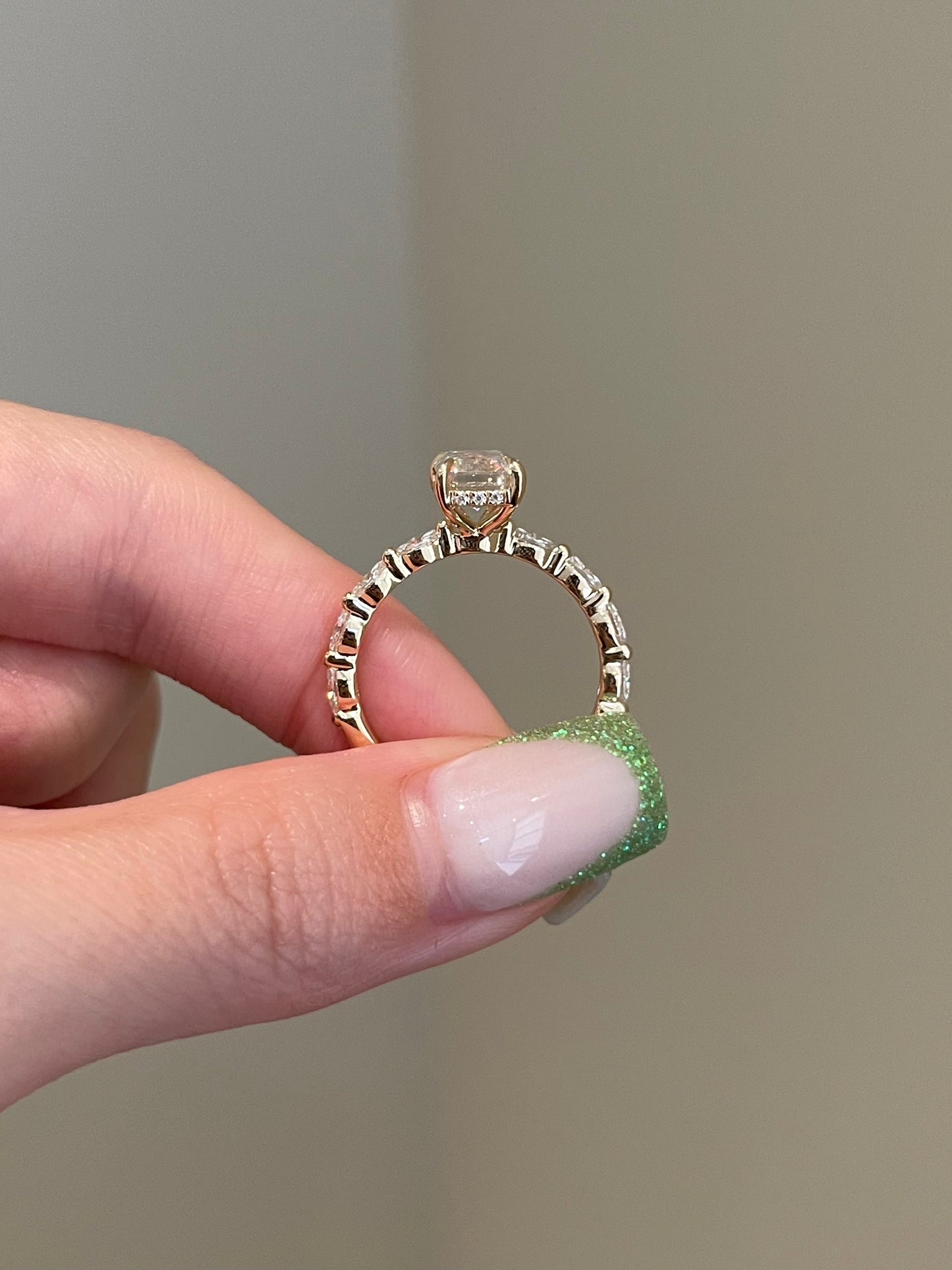 Emerald Cut Moissanite, Hidden Halo, Marquise Pavé