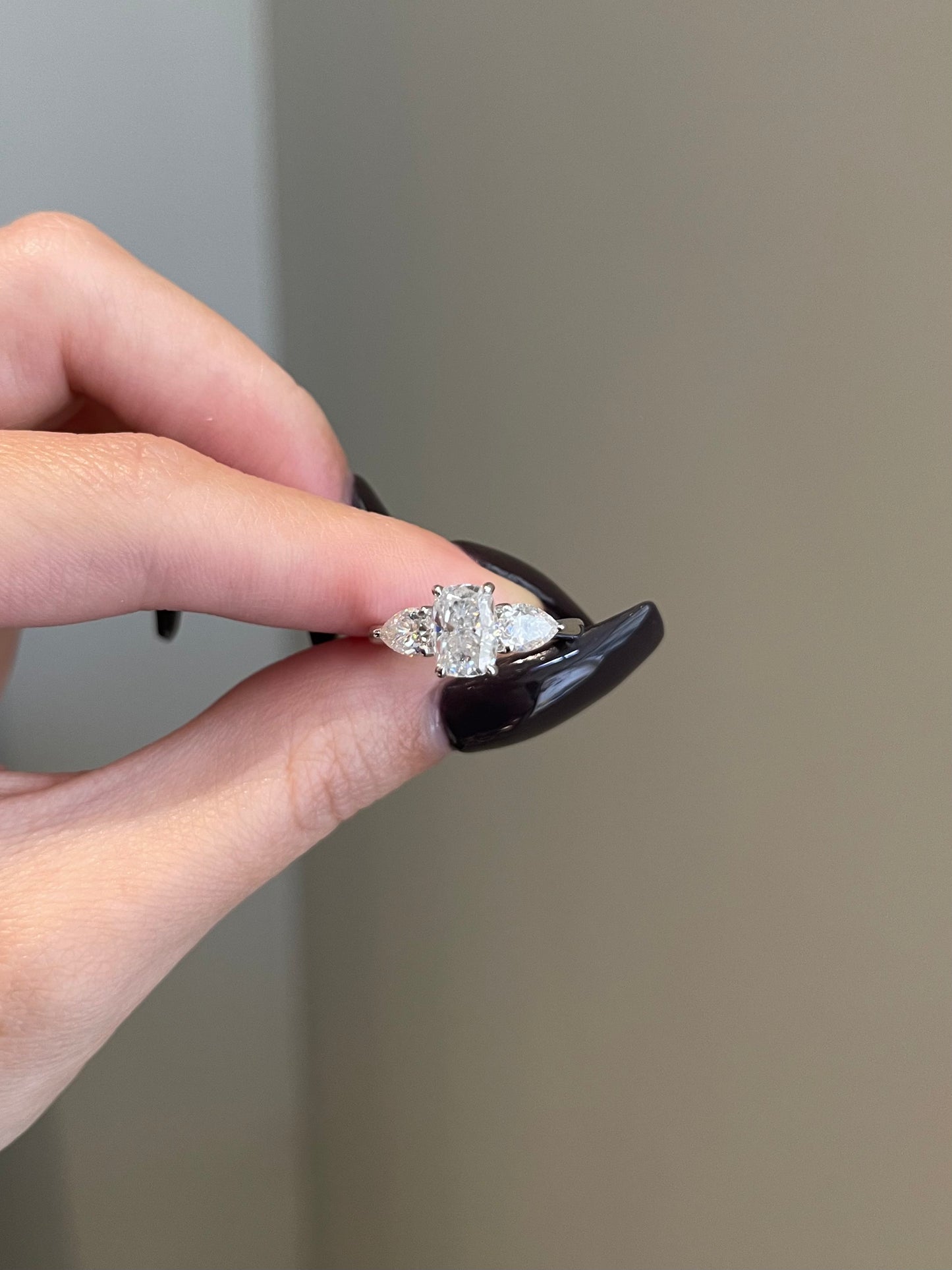 The Evelyn Ring, 1.5 Carat, Elongated Cushion, Crushed Ice, 3-Stone