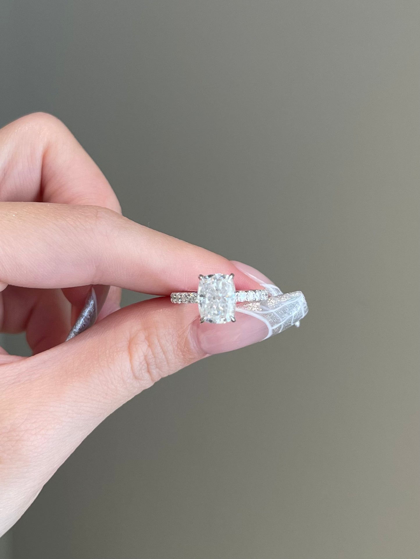 The Priscilla Ring, 3 Carat, Elongated Cushion, Crushed Ice