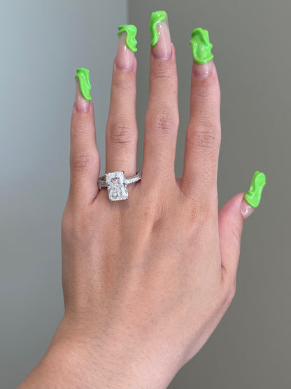 Crushed Ice Radiant Moissanite, Hidden Halo, Triple Pavé