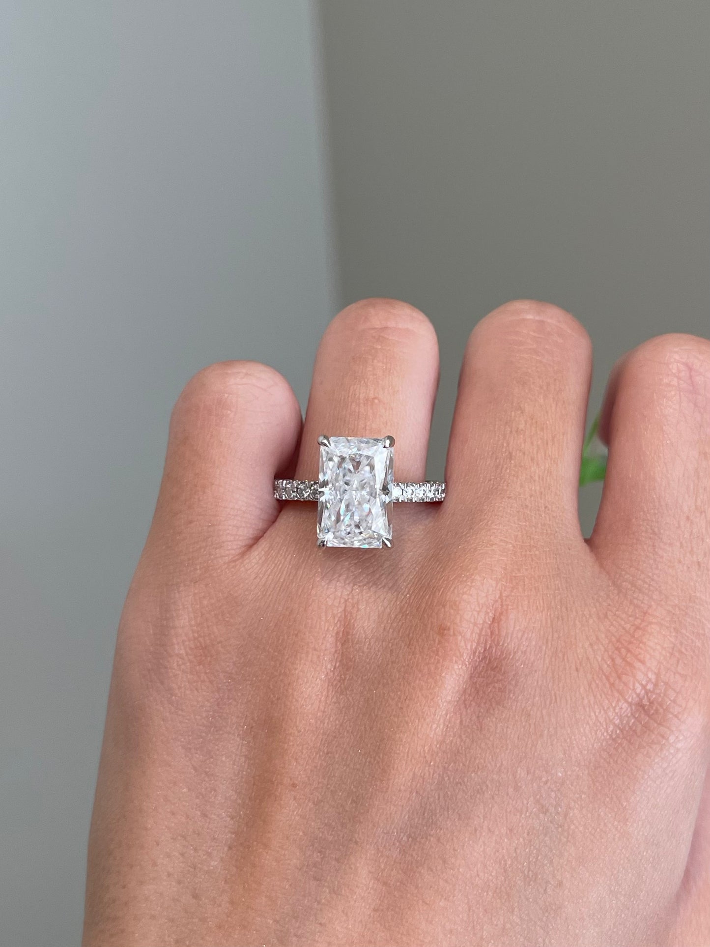 Crushed Ice Radiant Moissanite, Hidden Halo, Triple Pavé
