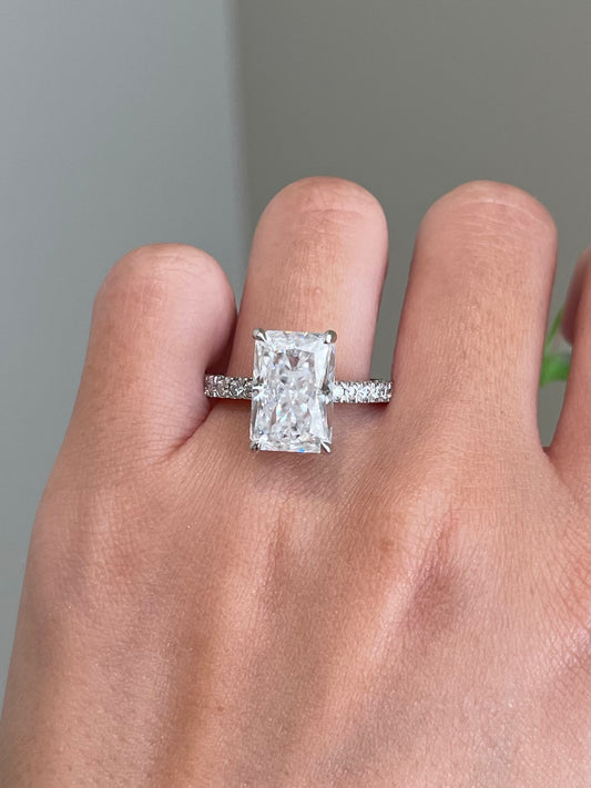 Crushed Ice Radiant Moissanite, Hidden Halo, Triple Pavé