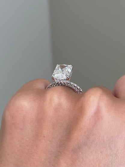 Crushed Ice Radiant Moissanite, Hidden Halo, Triple Pavé