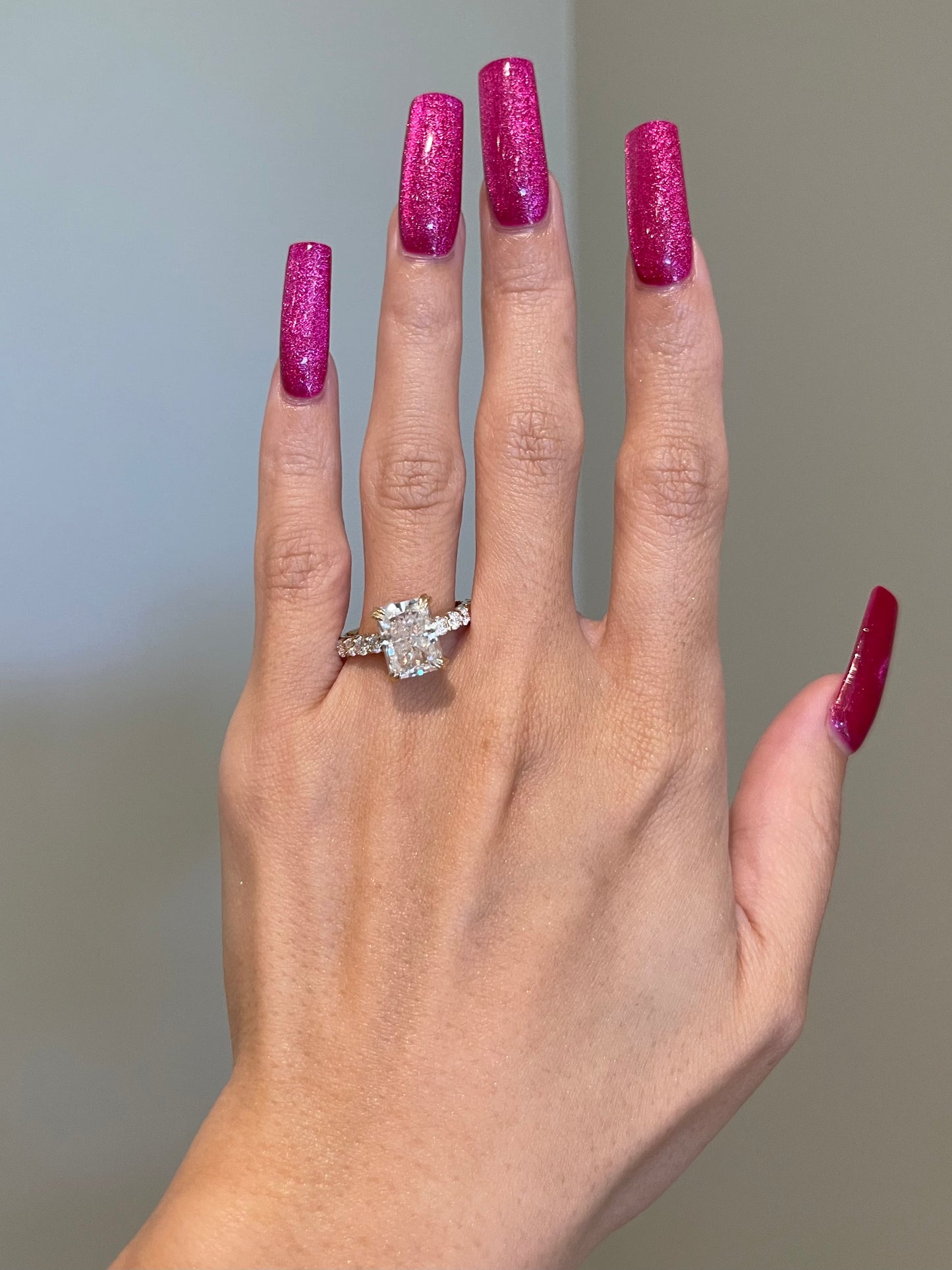 Crushed Ice Radiant Moissanite, Hidden Halo, Cathedral