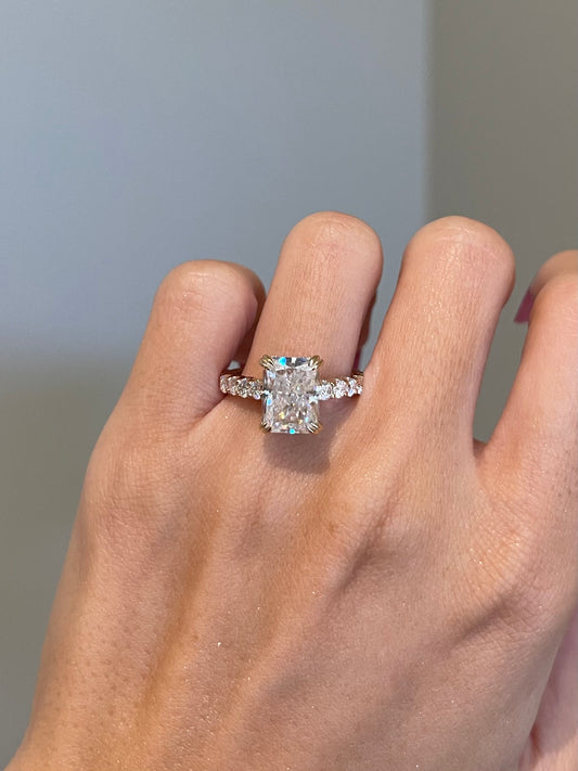 Crushed Ice Radiant Moissanite, Hidden Halo, Cathedral