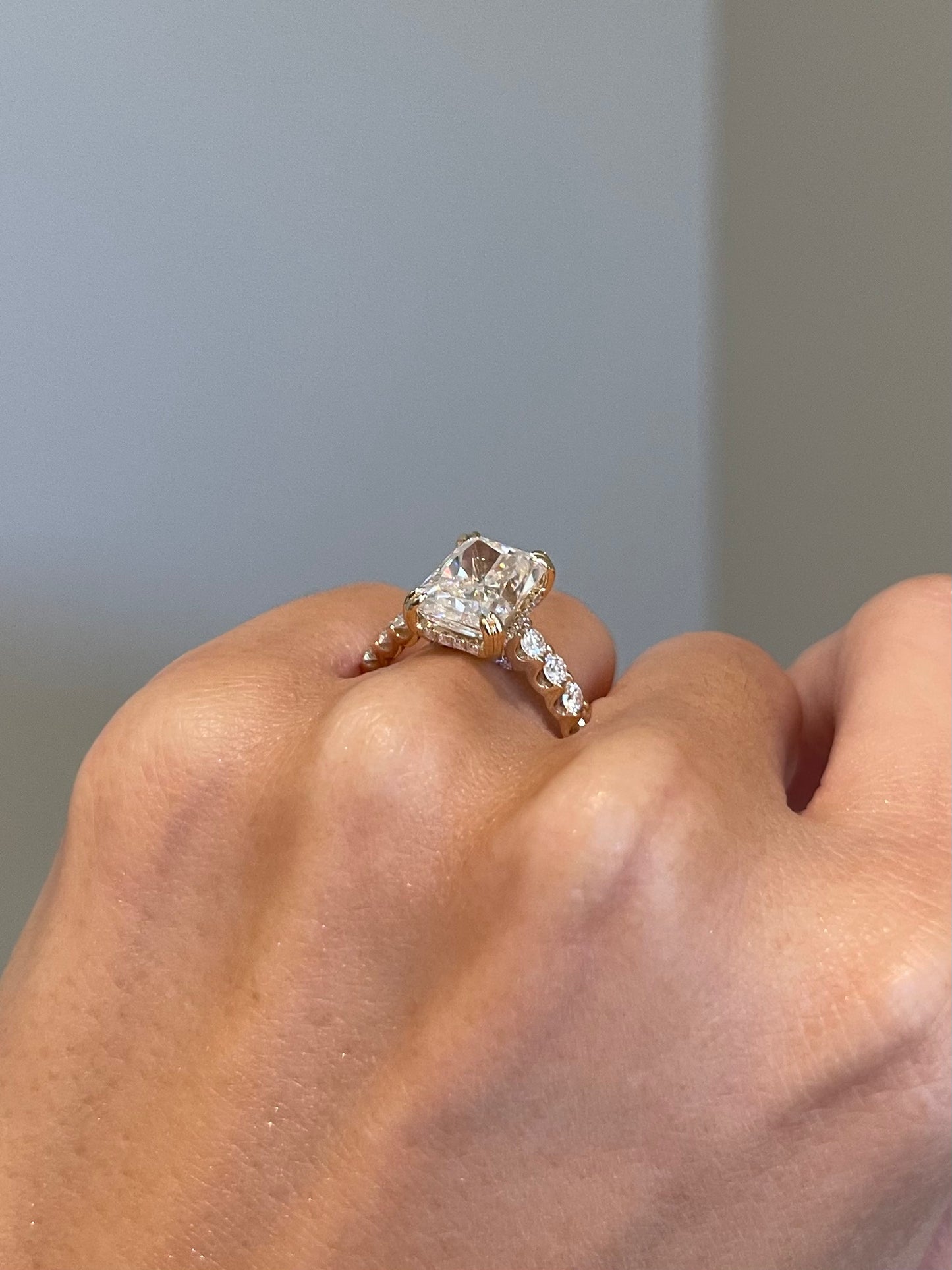Crushed Ice Radiant Moissanite, Hidden Halo, Cathedral