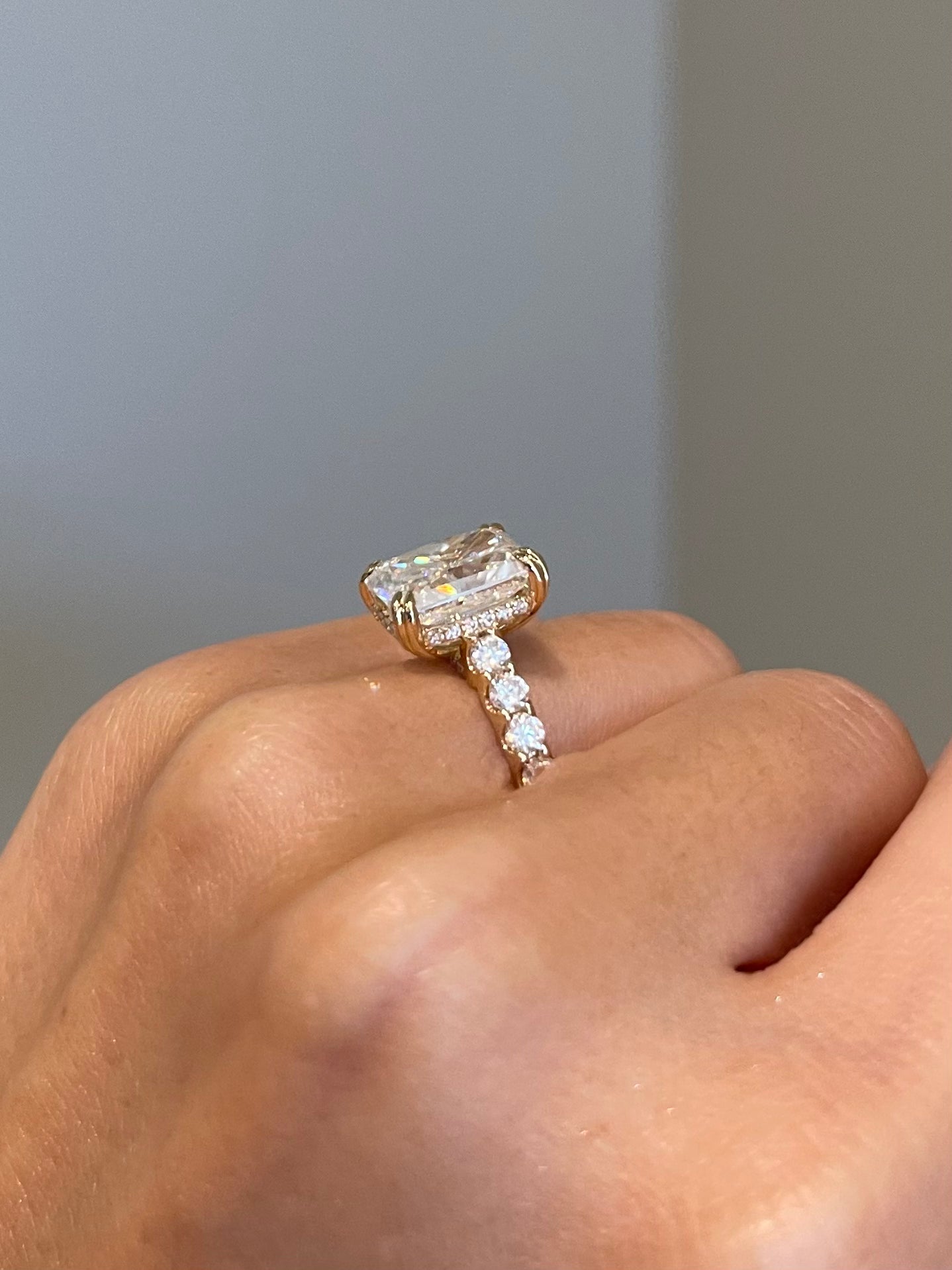 Crushed Ice Radiant Moissanite, Hidden Halo, Cathedral