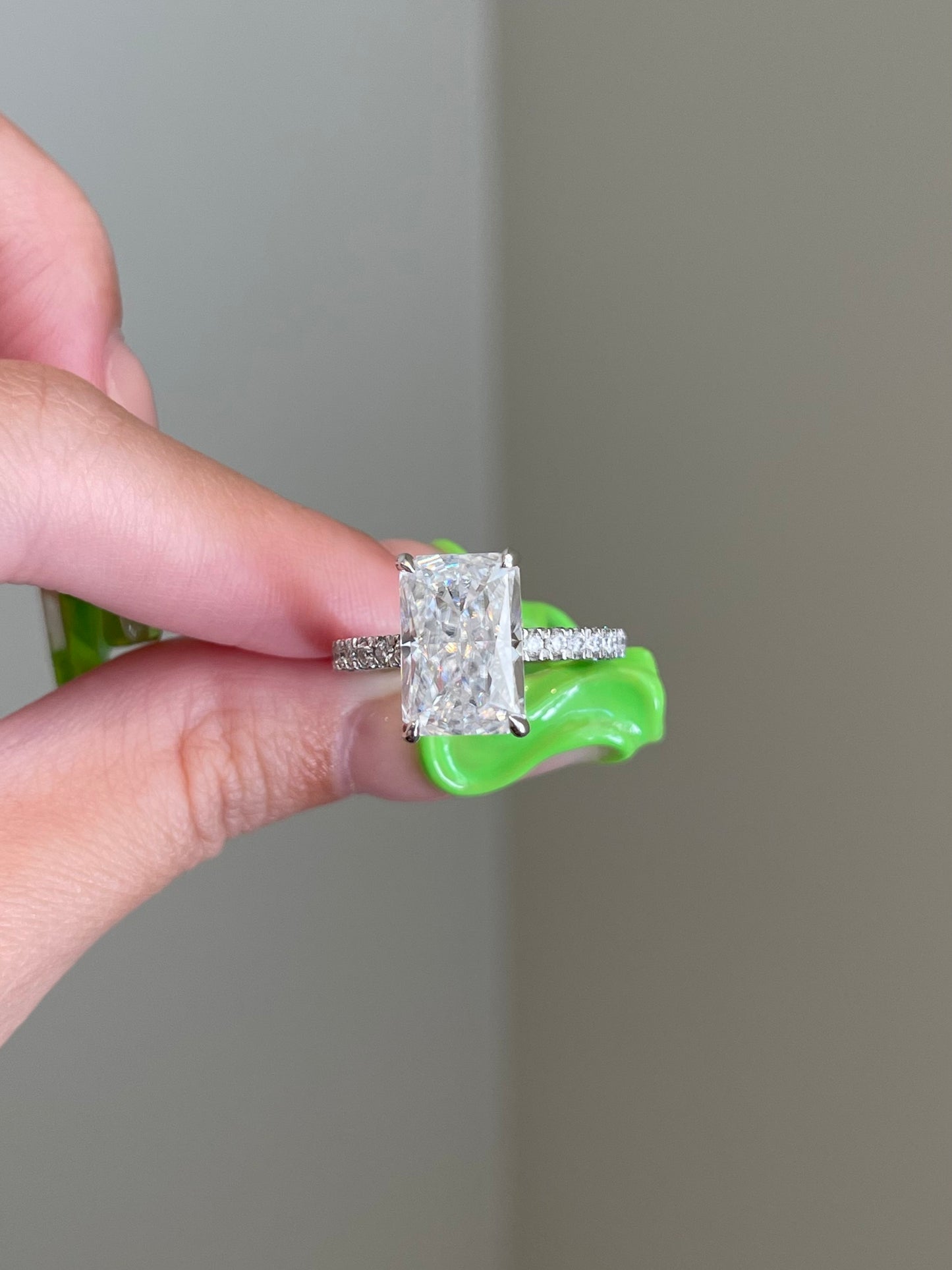 Crushed Ice Radiant Moissanite, Hidden Halo, Triple Pavé