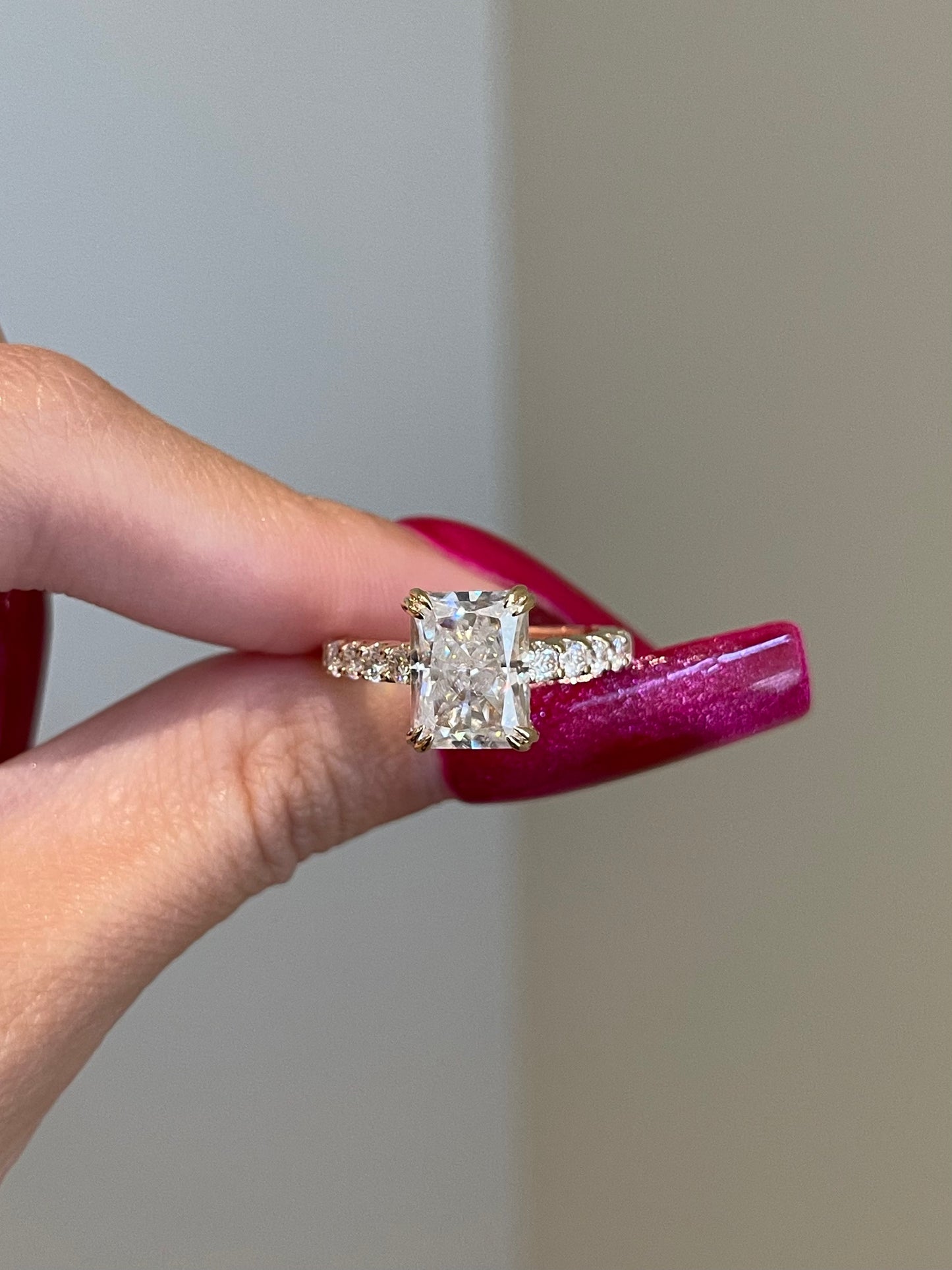 Crushed Ice Radiant Moissanite, Hidden Halo, Cathedral
