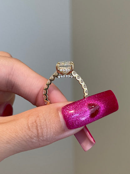 Crushed Ice Radiant Moissanite, Hidden Halo, Cathedral