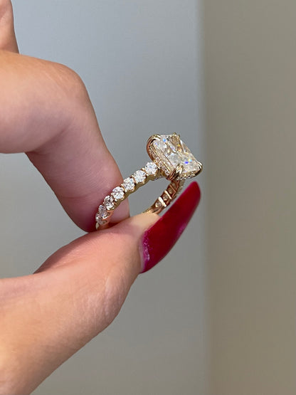 Crushed Ice Radiant Moissanite, Hidden Halo, Cathedral
