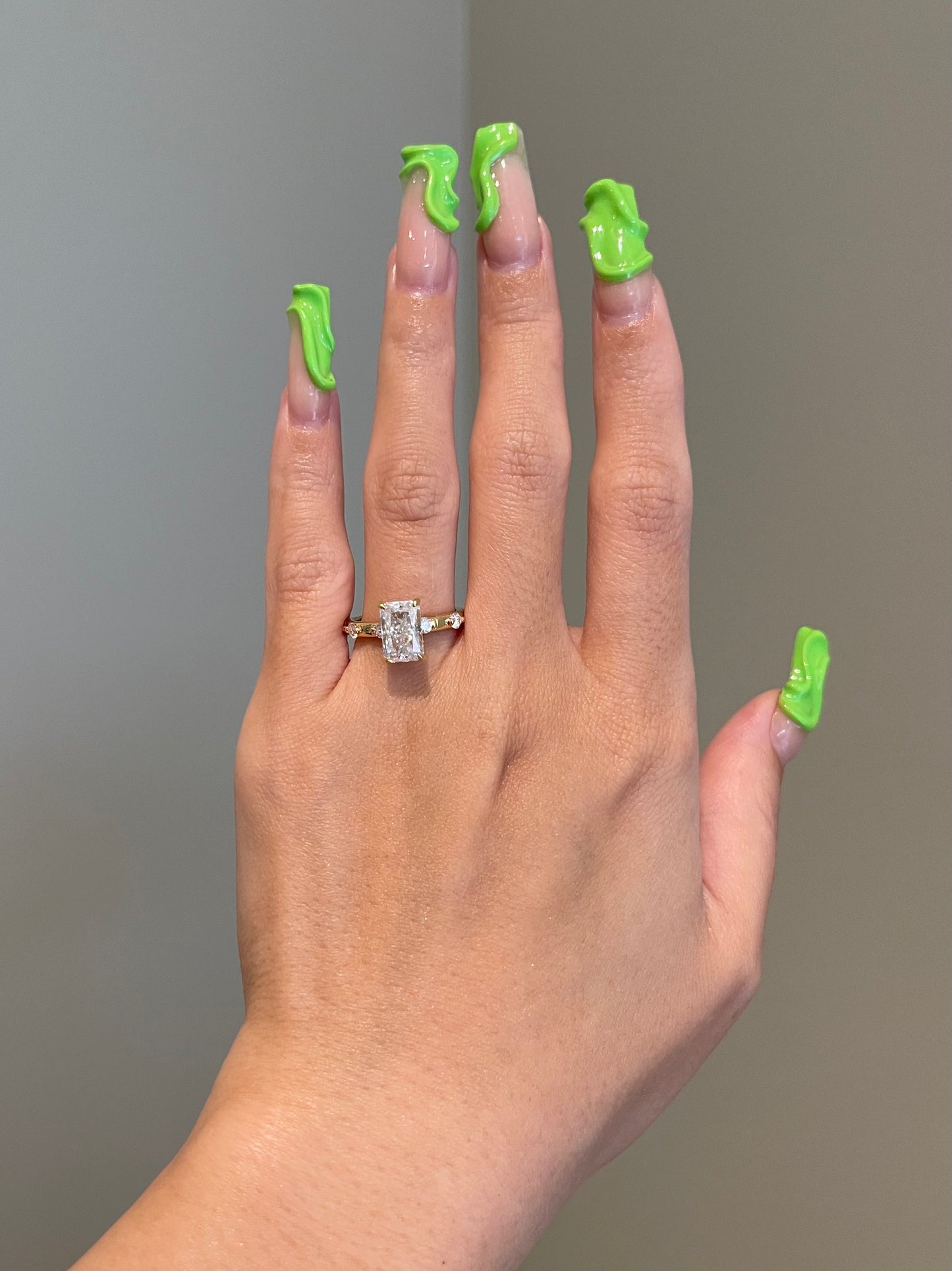 Brilliant Radiant Moissanite, Hidden Halo, Space Pavé