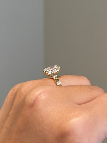 Brilliant Radiant Moissanite, Hidden Halo, Space Pavé