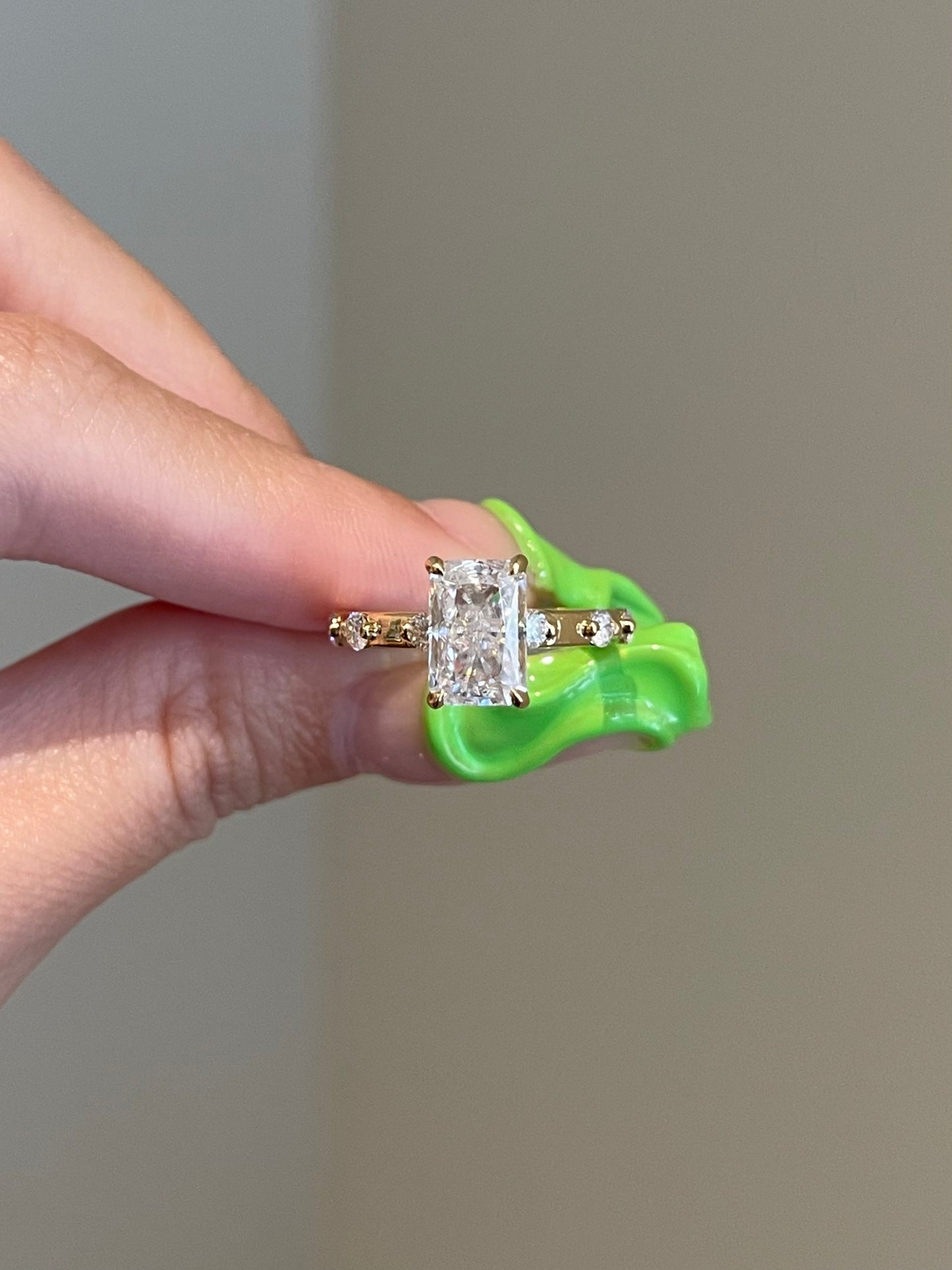 Brilliant Radiant Moissanite, Hidden Halo, Space Pavé