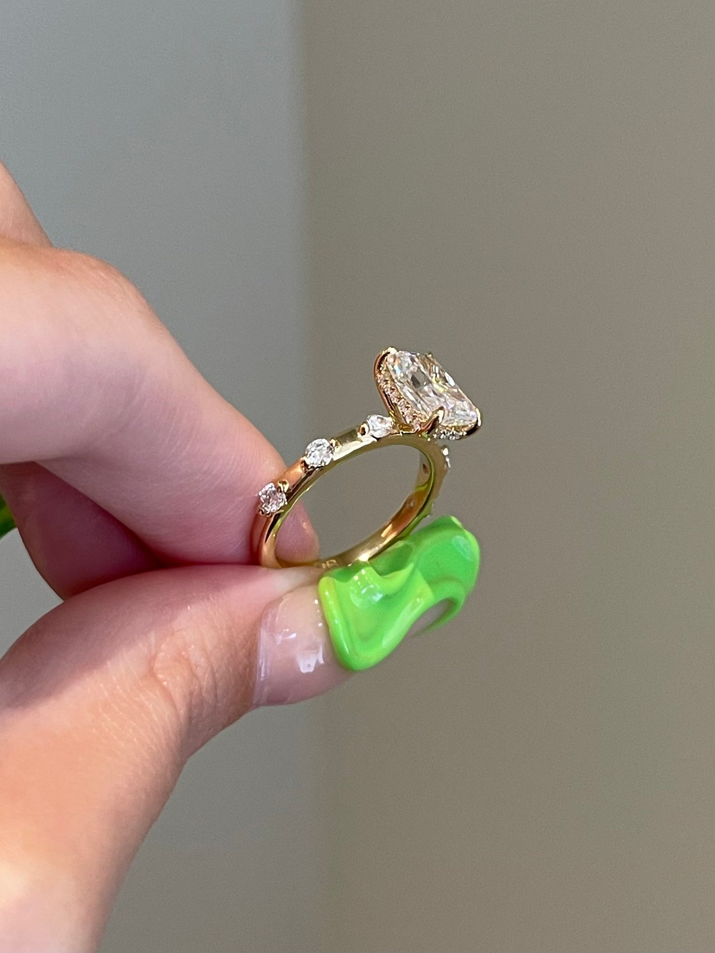 Brilliant Radiant Moissanite, Hidden Halo, Space Pavé