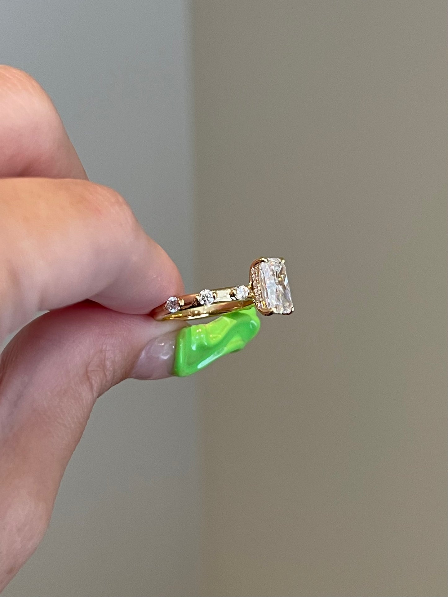 Brilliant Radiant Moissanite, Hidden Halo, Space Pavé
