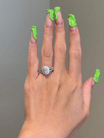 Brilliant Oval Moissanite, Double Halo, Split Shank Pavé