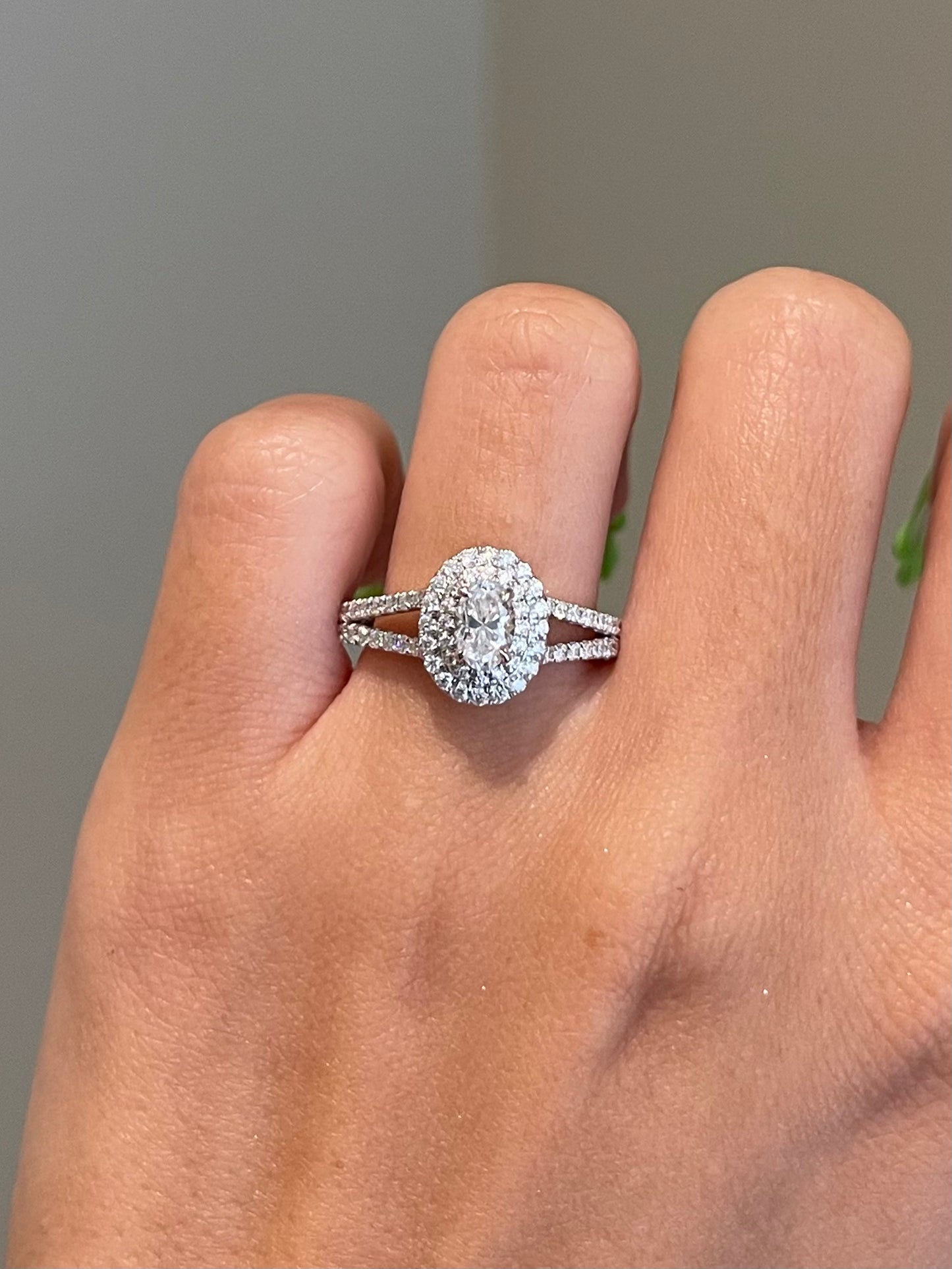 Brilliant Oval Moissanite, Double Halo, Split Shank Pavé