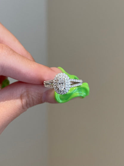 Brilliant Oval Moissanite, Double Halo, Split Shank Pavé