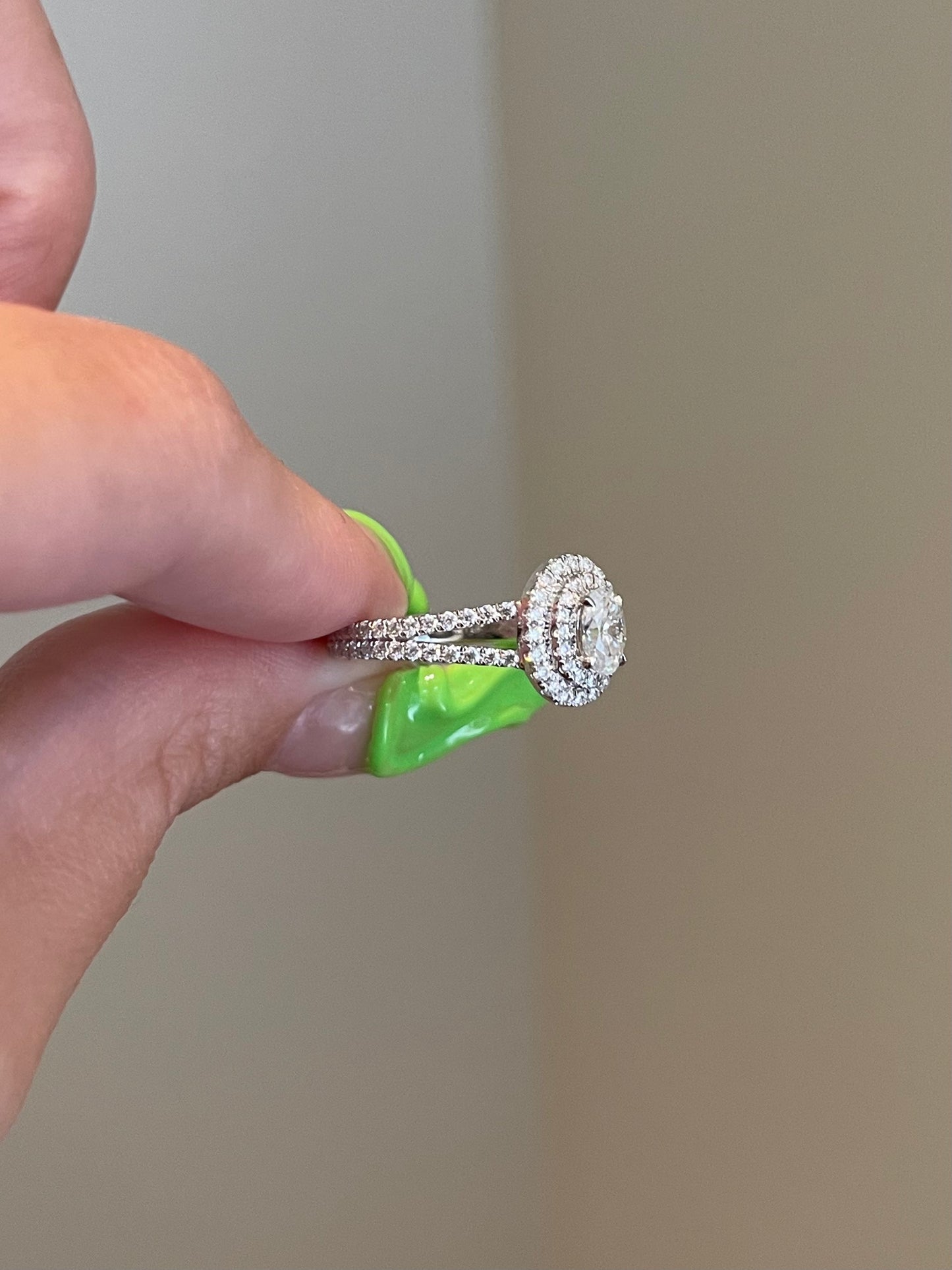 Brilliant Oval Moissanite, Double Halo, Split Shank Pavé