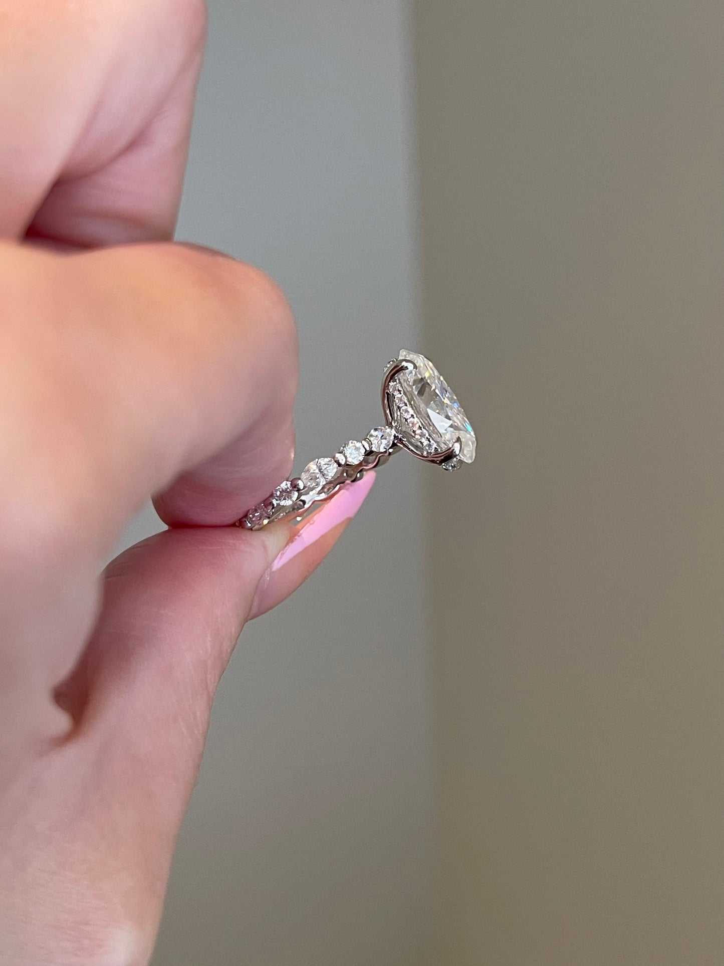 Brilliant Oval Moissanite, Hidden Halo, Pavé