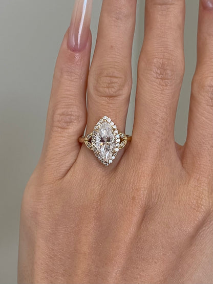 Brilliant Marquise Moissanite, Halo, Art Deco