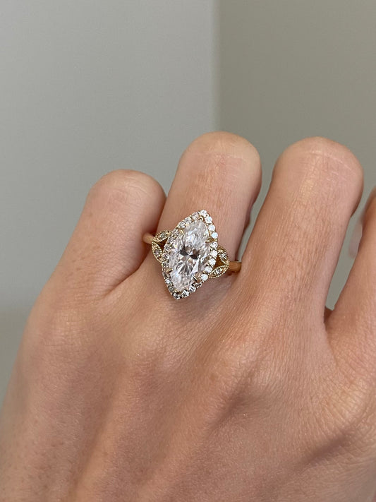 Brilliant Marquise Moissanite, Halo, Art Deco