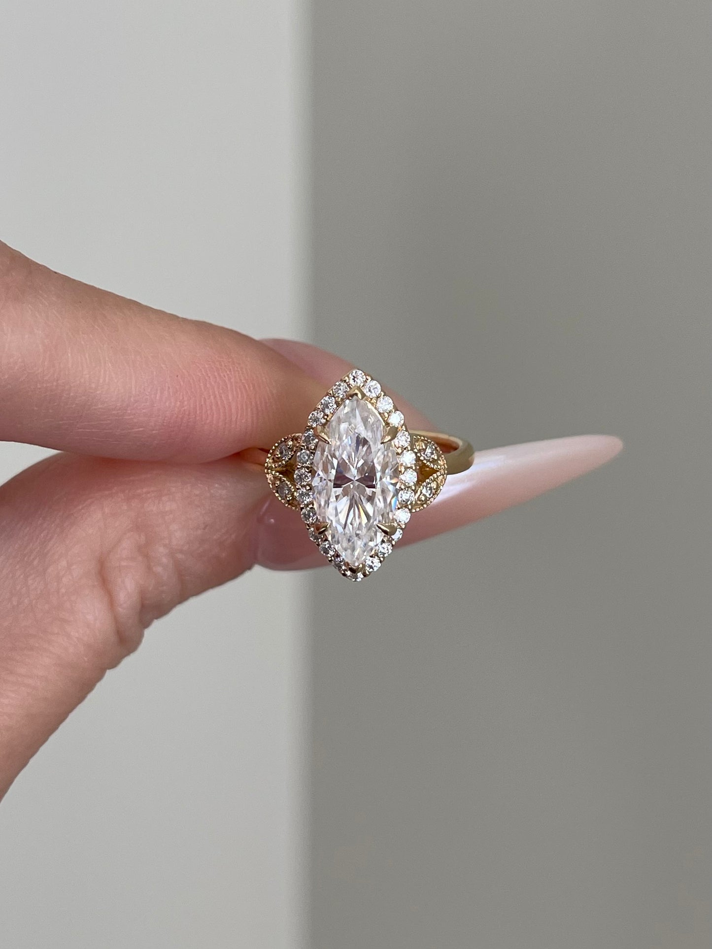 Brilliant Marquise Moissanite, Halo, Art Deco