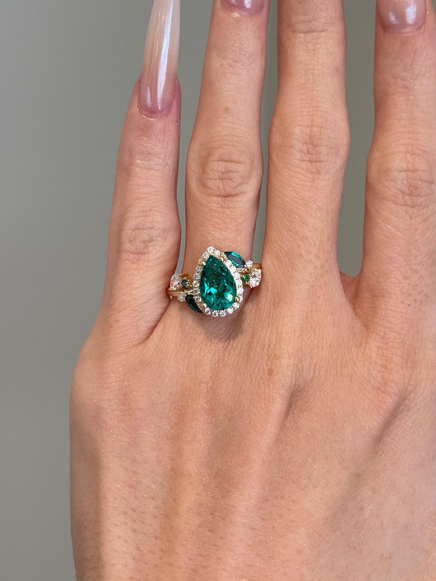 Lab Emerald Gemstone, Halo, Art Deco
