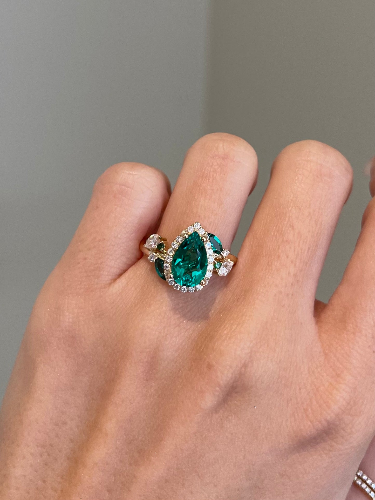Lab Emerald Gemstone, Halo, Art Deco