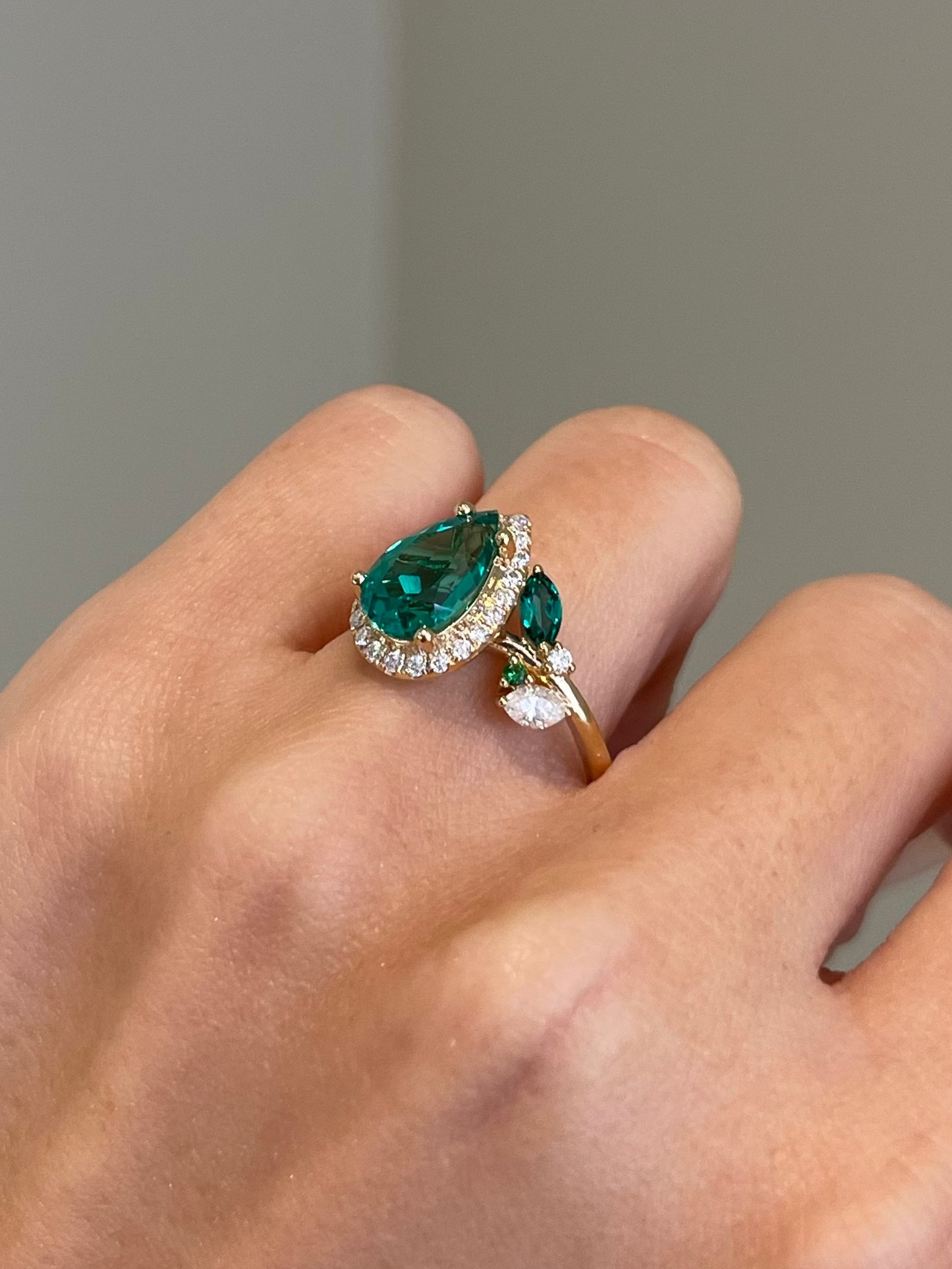 Lab Emerald Gemstone, Halo, Art Deco