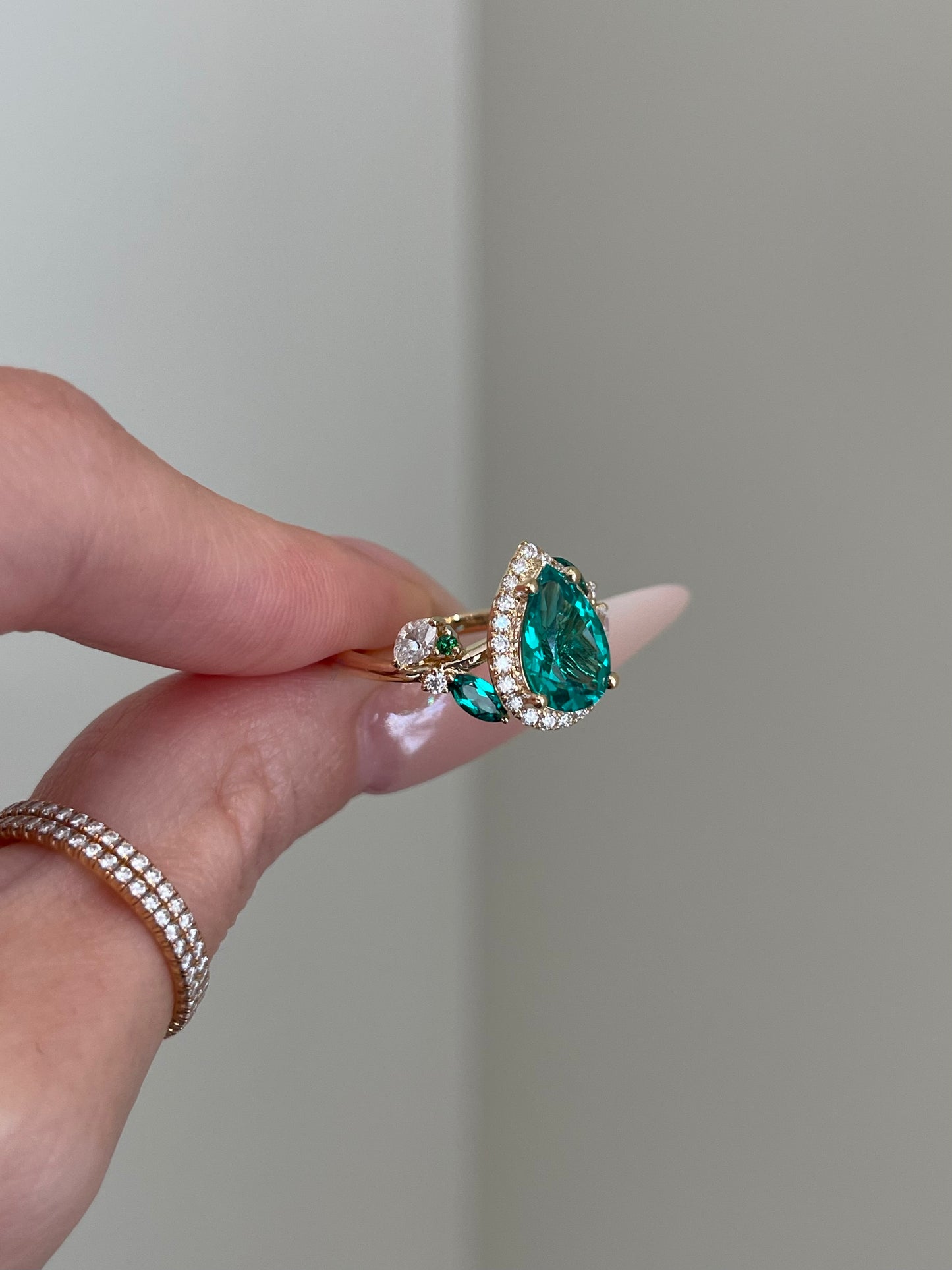 Lab Emerald Gemstone, Halo, Art Deco