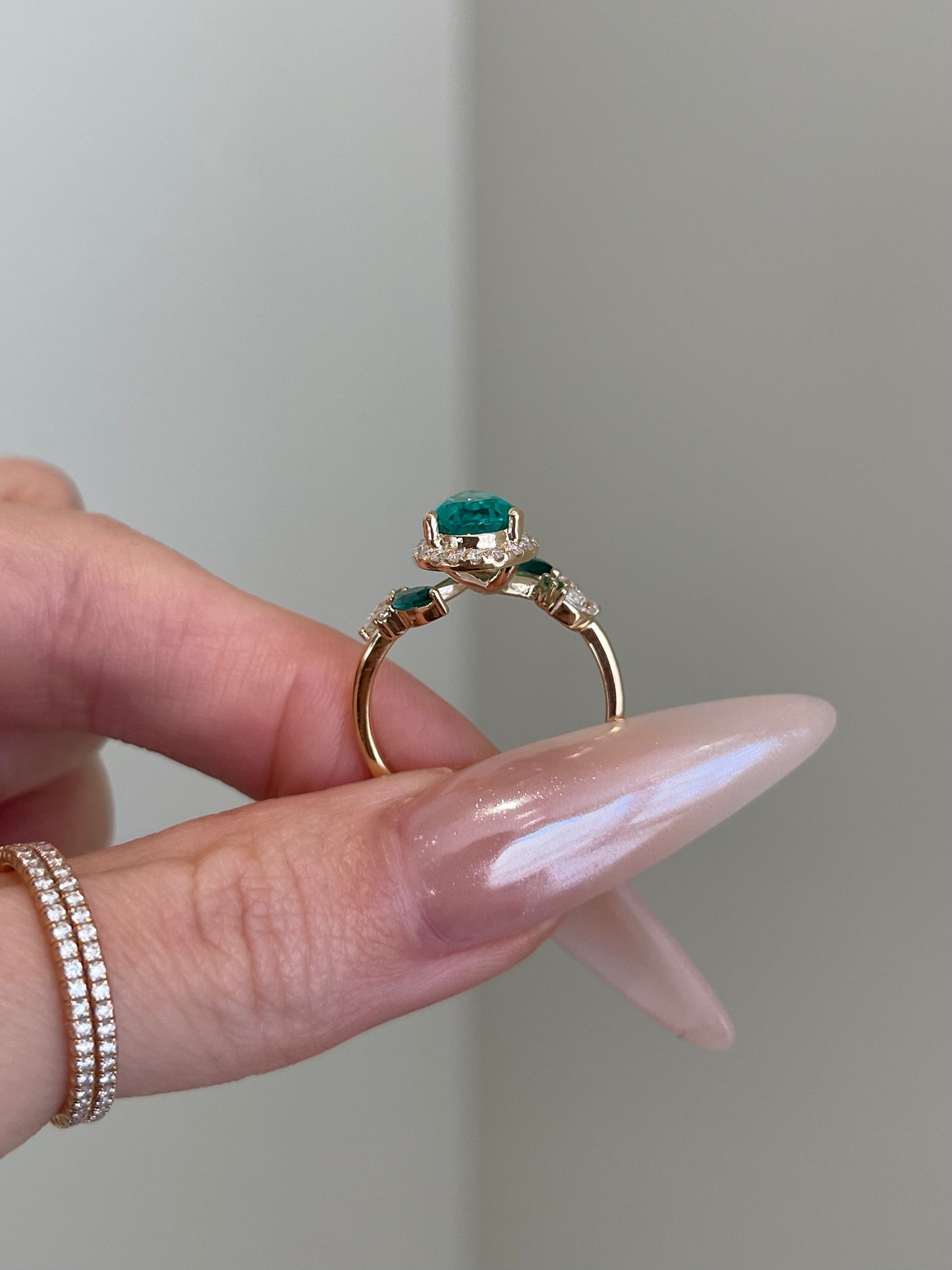 Lab Emerald Gemstone, Halo, Art Deco