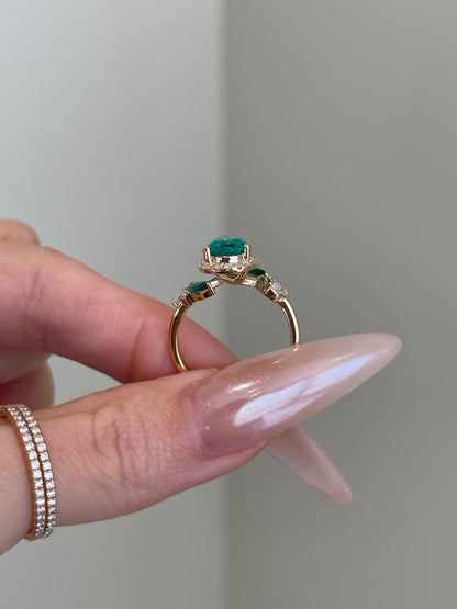 Lab Emerald Gemstone, Halo, Art Deco