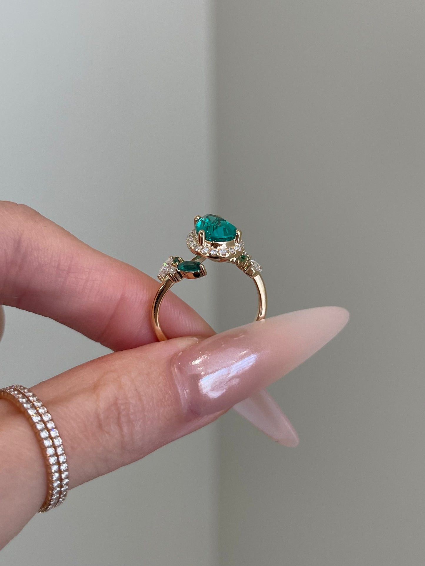 Lab Emerald Gemstone, Halo, Art Deco