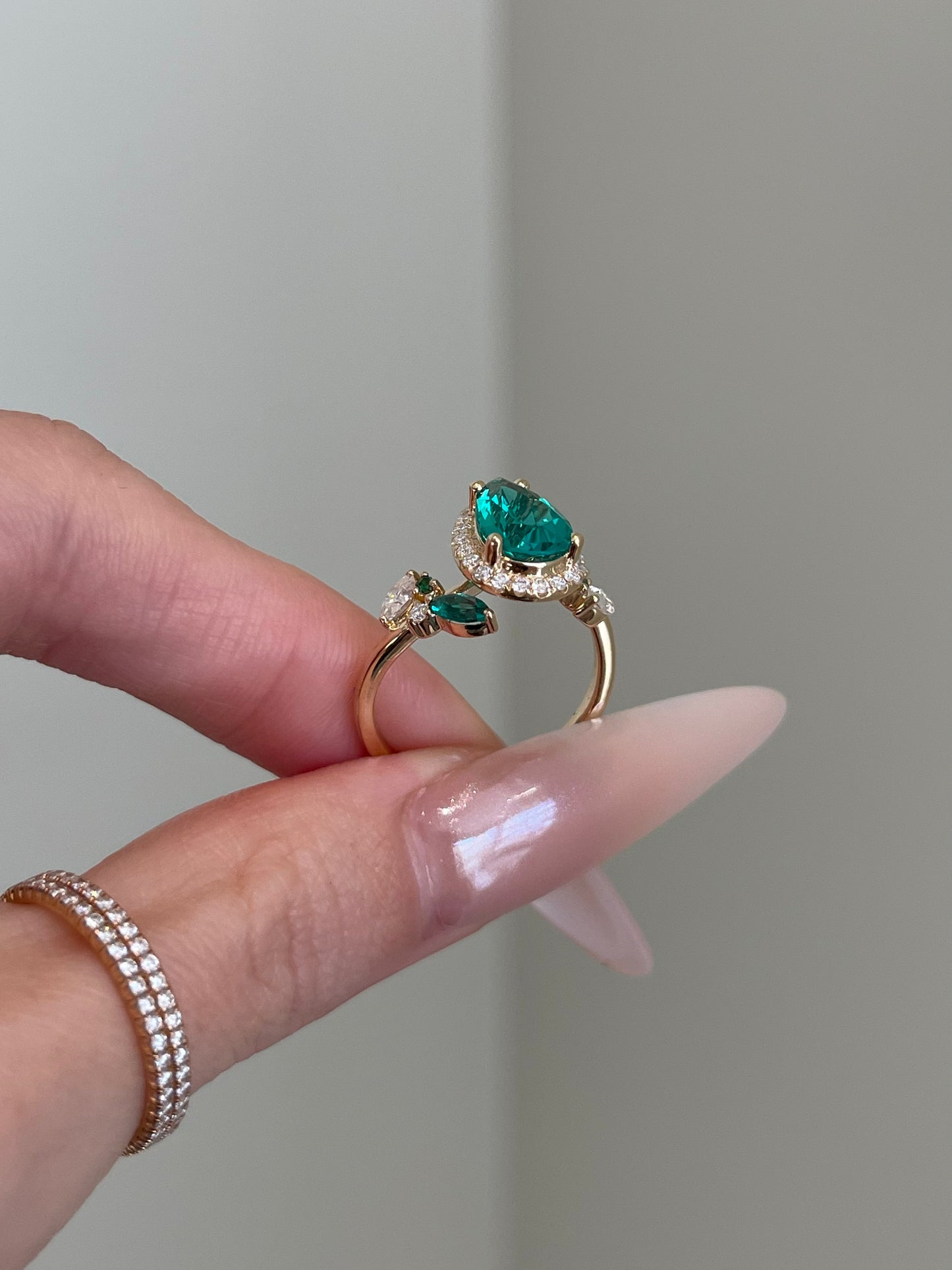 Lab Emerald Gemstone, Halo, Art Deco
