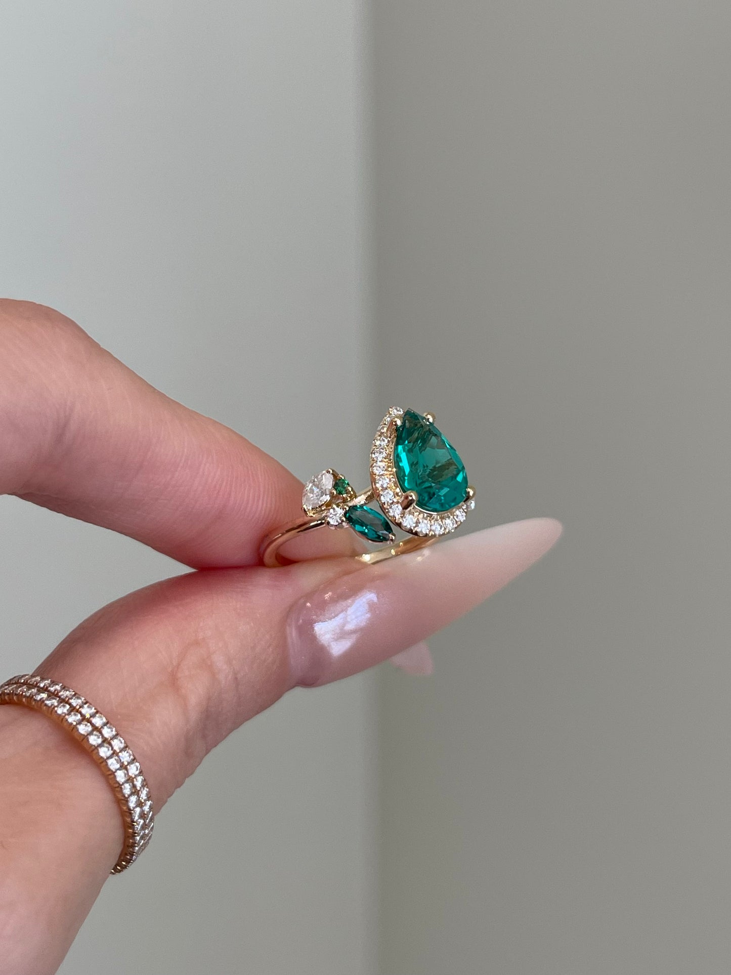 Lab Emerald Gemstone, Halo, Art Deco