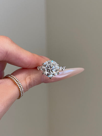 Brilliant Round Moissanite, 6-Prong Shared Prong Pavé