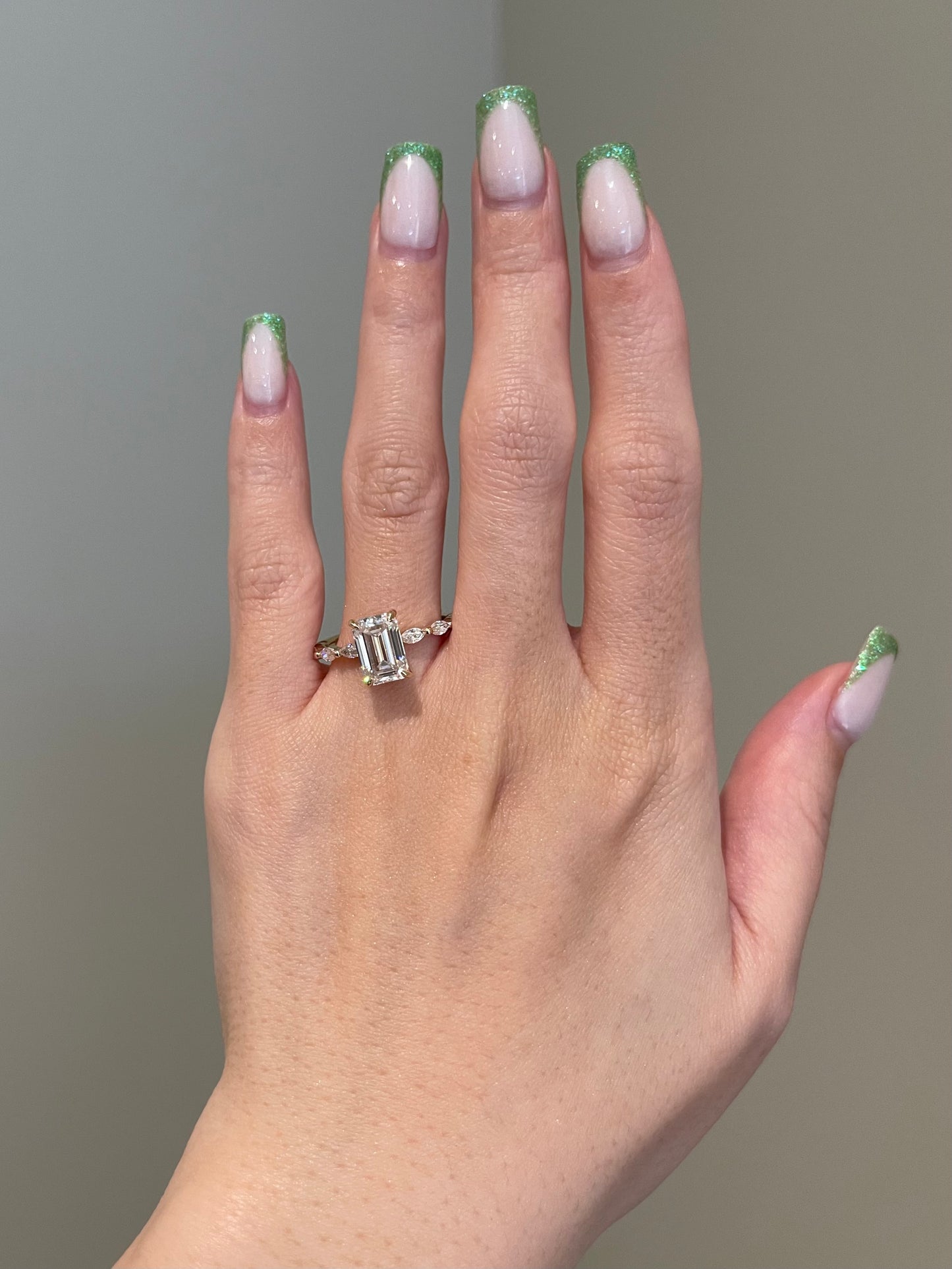Emerald Cut Moissanite, Hidden Halo, Marquise Pavé
