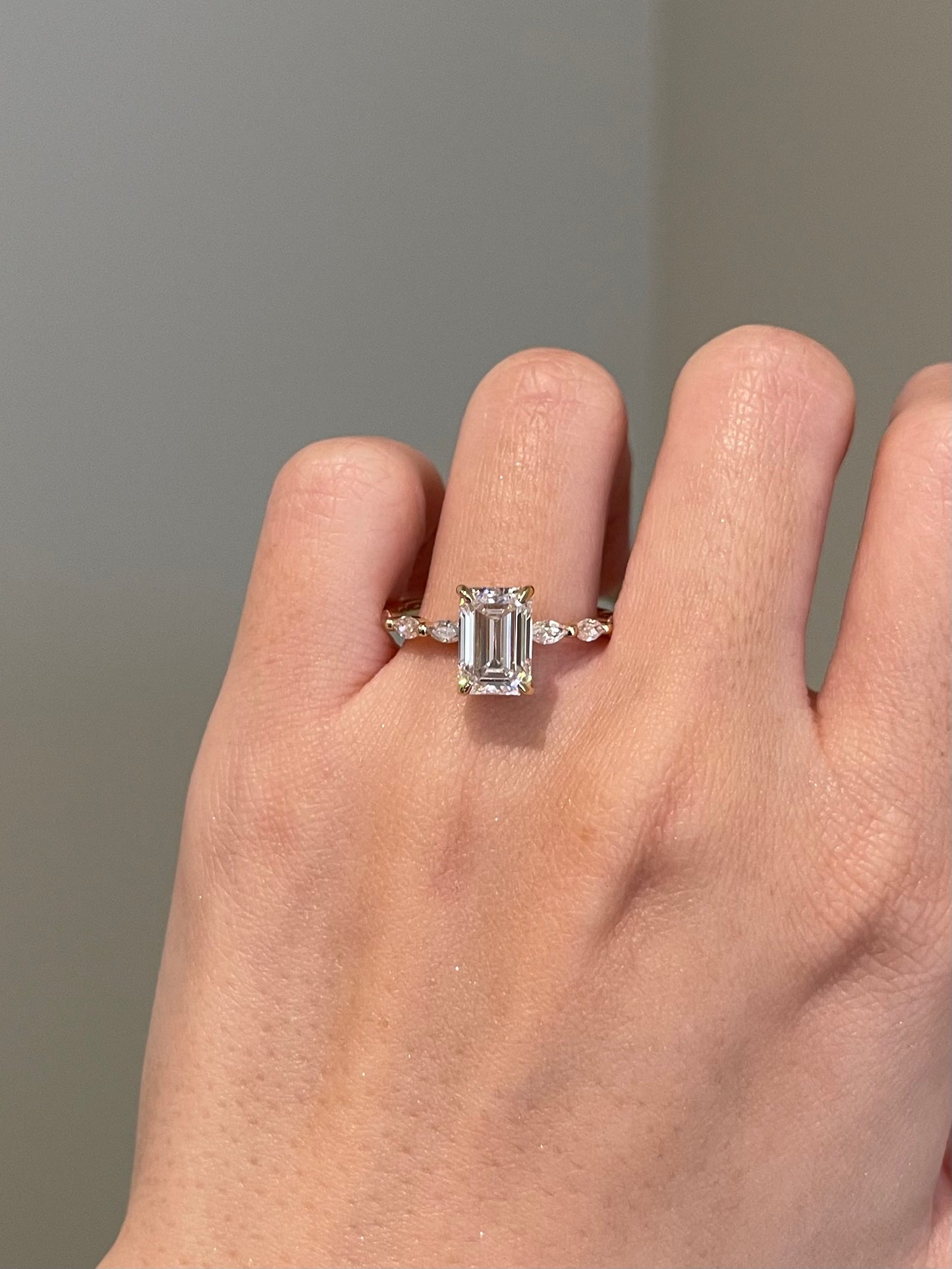 Emerald Cut Moissanite, Hidden Halo, Marquise Pavé
