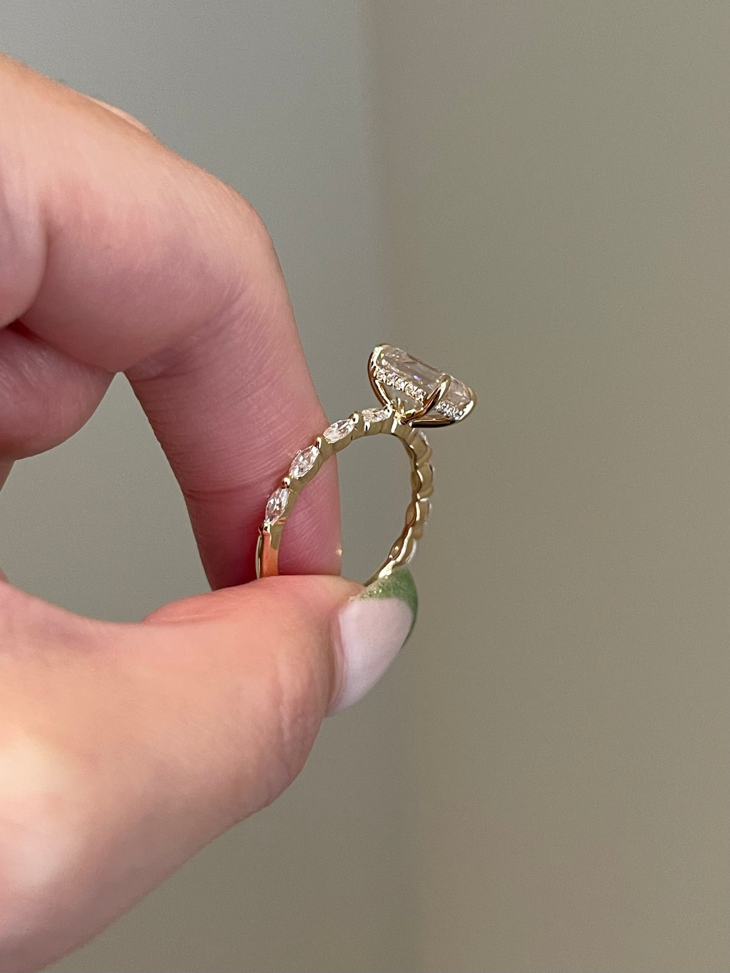 Emerald Cut Moissanite, Hidden Halo, Marquise Pavé