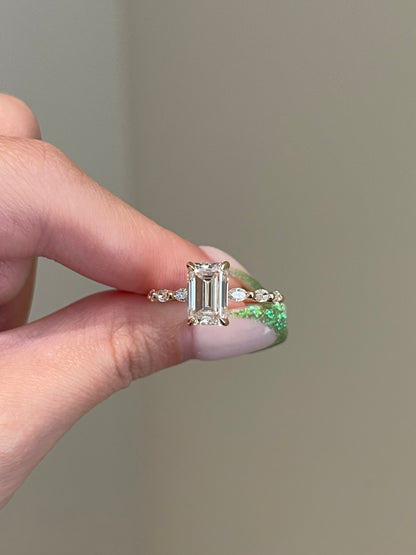 Emerald Cut Moissanite, Hidden Halo, Marquise Pavé