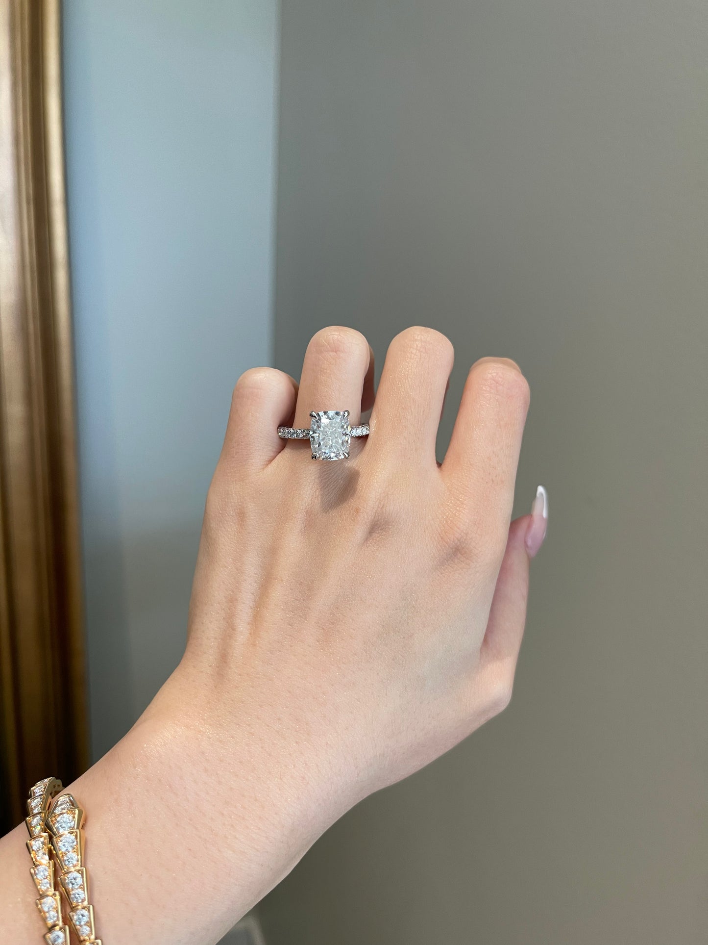 The SHY Signature Ring, 5 Carat, Elongated Cushion, Crushed Ice
