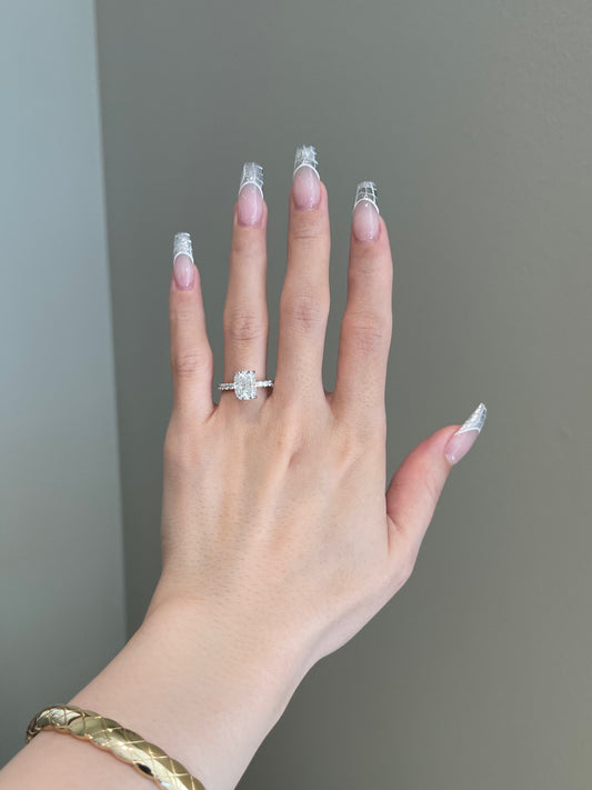 The Priscilla Ring, 3 Carat, Elongated Cushion, Crushed Ice